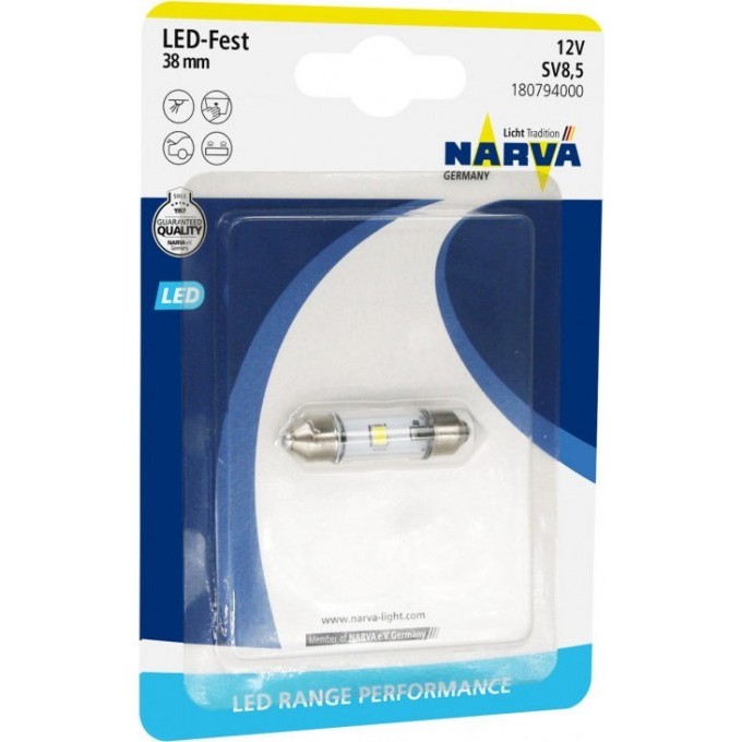 Лампа NARVA FESTOON LAMPS LED 12V 0.6W SV8.5 B1 38mm 82503396 Лампа NARVA FESTOON LAMPS LED 12V 0.6W SV8.5 B1 38mm 82503396