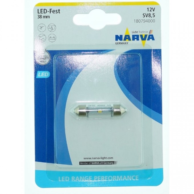 Лампа NARVA RANGE PERFORMANCE LED FEST T10.5x38 12V 0.6W SV8.5 6000K 47380942 Лампа NARVA RANGE PERFORMANCE LED FEST T10.5x38 12V 0.6W SV8.5 6000K 47380942