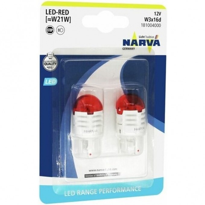 Лампа NARVA RANGE PERFORMANCE LED W21W 12V 1.75W W3x16d red 2 шт. 47386708 Лампа NARVA RANGE PERFORMANCE LED W21W 12V 1.75W W3x16d red 2 шт. 47386708