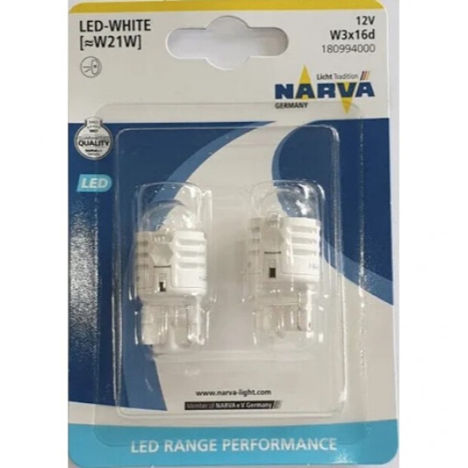 Лампа NARVA RANGE PERFORMANCE LED W21W 12V W3x16d 6500К white 2шт. 119275378 Лампа NARVA RANGE PERFORMANCE LED W21W 12V W3x16d 6500К white 2шт. 119275378