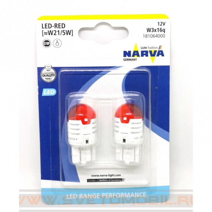 Лампа NARVA RANGE PERFORMANCE LED W21W U30R 12V W3x16d red 2 шт. 47582221 Лампа NARVA RANGE PERFORMANCE LED W21W U30R 12V W3x16d red 2 шт. 47582221