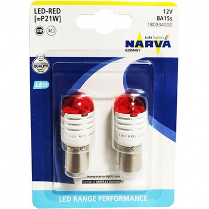 Лампа NARVA RANGE PERFORMANCE LED W21W W3x16d 6000K красный 2шт. 110806950 Лампа NARVA RANGE PERFORMANCE LED W21W W3x16d 6000K красный 2шт. 110806950