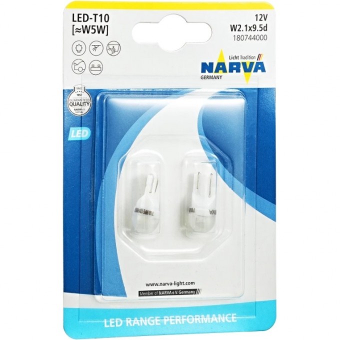 Лампа NARVA RANGE PERFORMANCE LED W5W T10 6500K 2шт. 43529280 Лампа NARVA RANGE PERFORMANCE LED W5W T10 6500K 2шт. 43529280