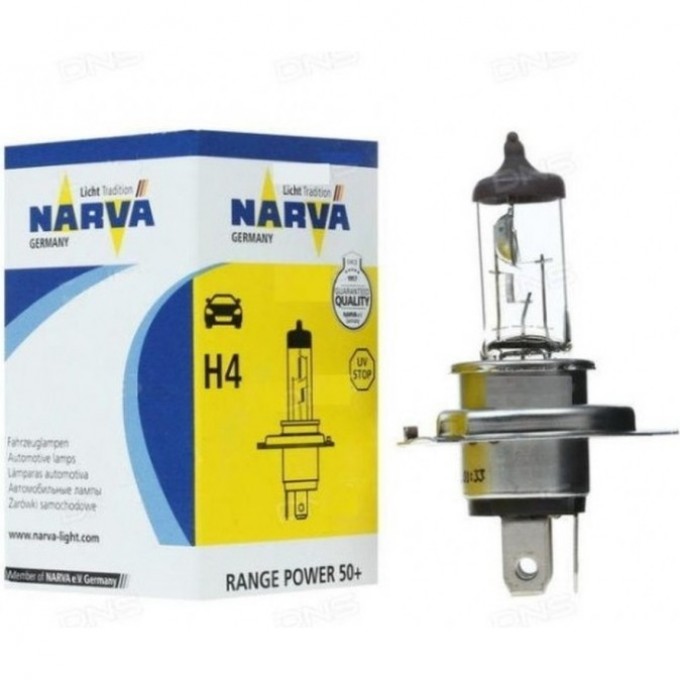 Лампа NARVA RANGE POWER 50+ H4 65W P43t-38 12V 46202088 Лампа NARVA RANGE POWER 50+ H4 65W P43t-38 12V 46202088