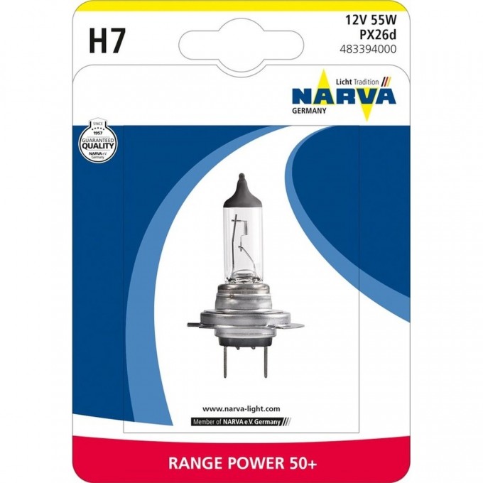 Лампа NARVA RANGE POWER 50+ H7 12V 55W PX26d 100966328 Лампа NARVA RANGE POWER 50+ H7 12V 55W PX26d 100966328