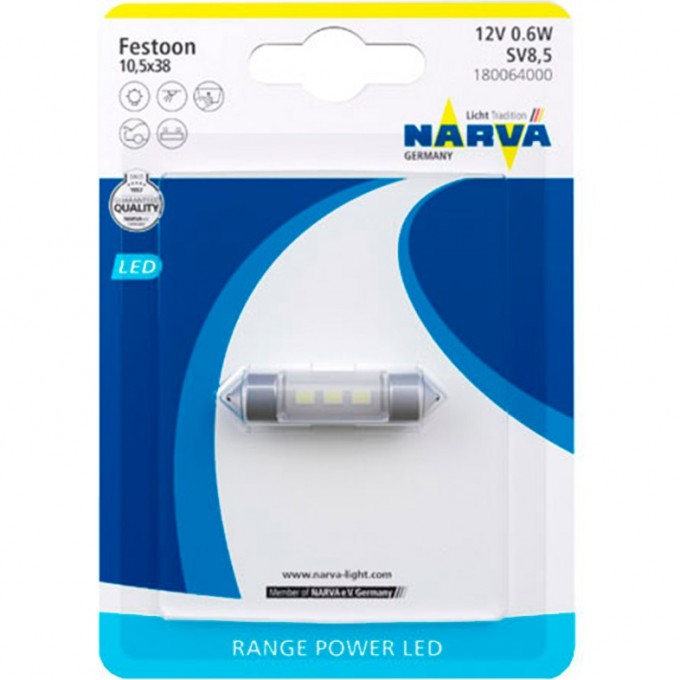 Лампа NARVA RANGE POWER LED 12V C5W SV8.5-8 6000K 38мм двухцокольная 78957383 Лампа NARVA RANGE POWER LED 12V C5W SV8.5-8 6000K 38мм двухцокольная 78957383